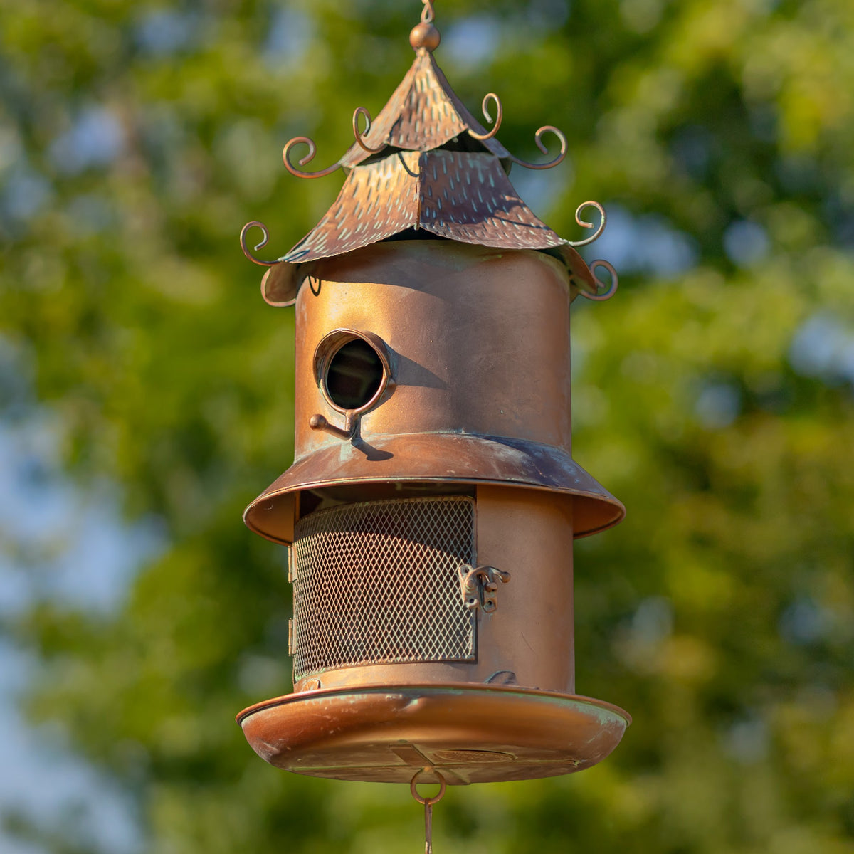 43" Long Hanging Iron Birdhouse & Feeder with Wind Chimes "Haven"
