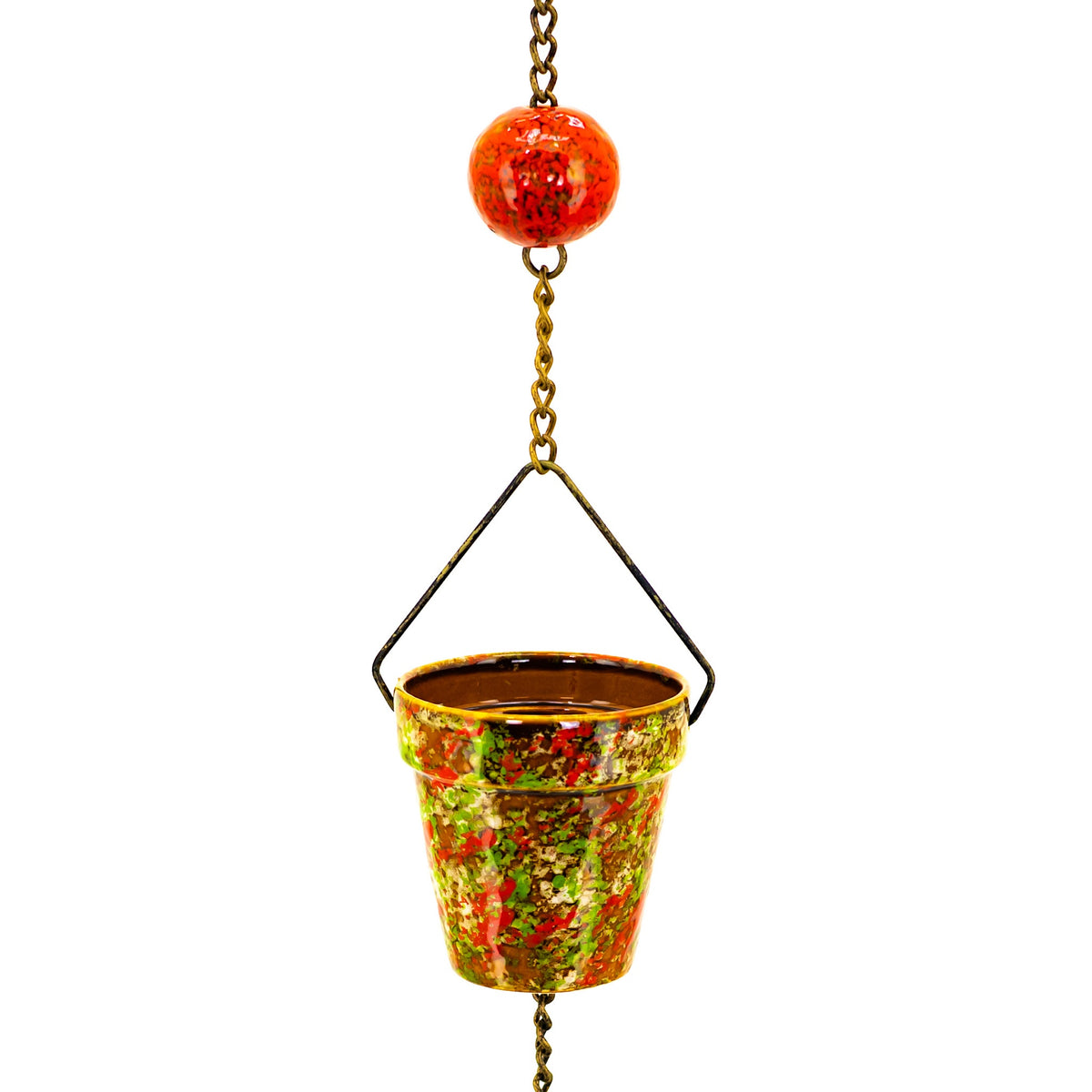 Close-up of a mottled red, green, and gold bucket cup beneath a bright red bead.