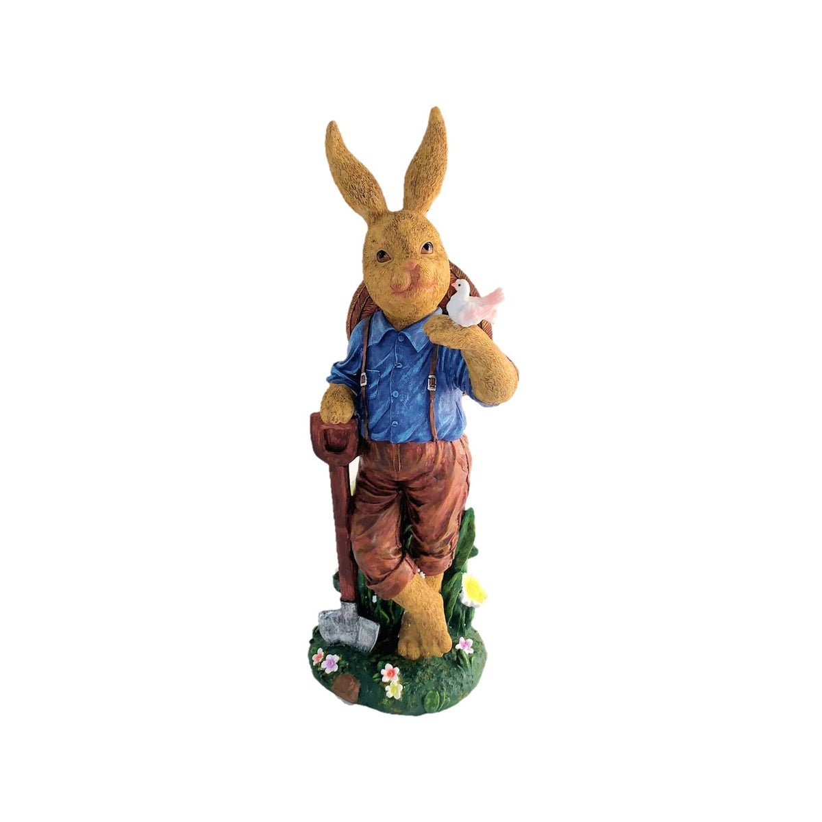 A standing rabbit statue in blue and brown clothing holds a small bird and a shovel against a white background.