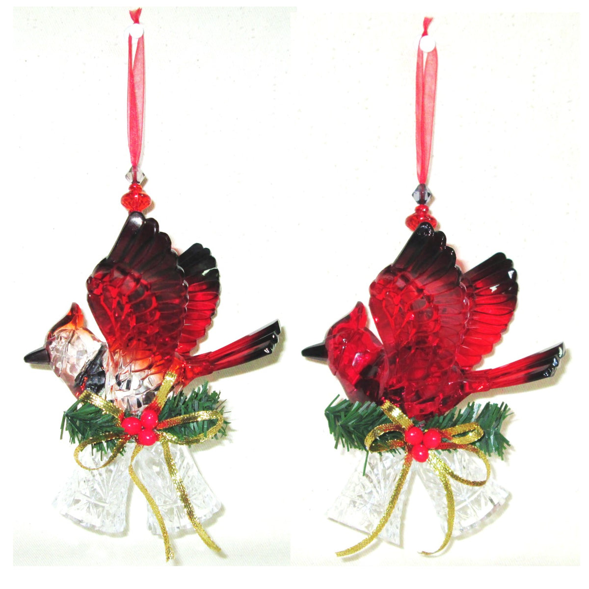 Set of 6 Assorted 6.4" Long Acrylic Cardinal Ornament with Bell & Organza Ribbon