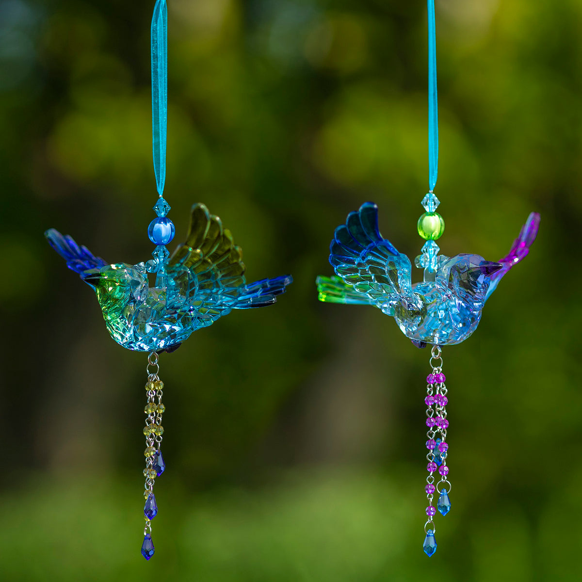 Set of 6 Assorted Short Acrylic Blue Jay Ornaments with Beaded Tassel