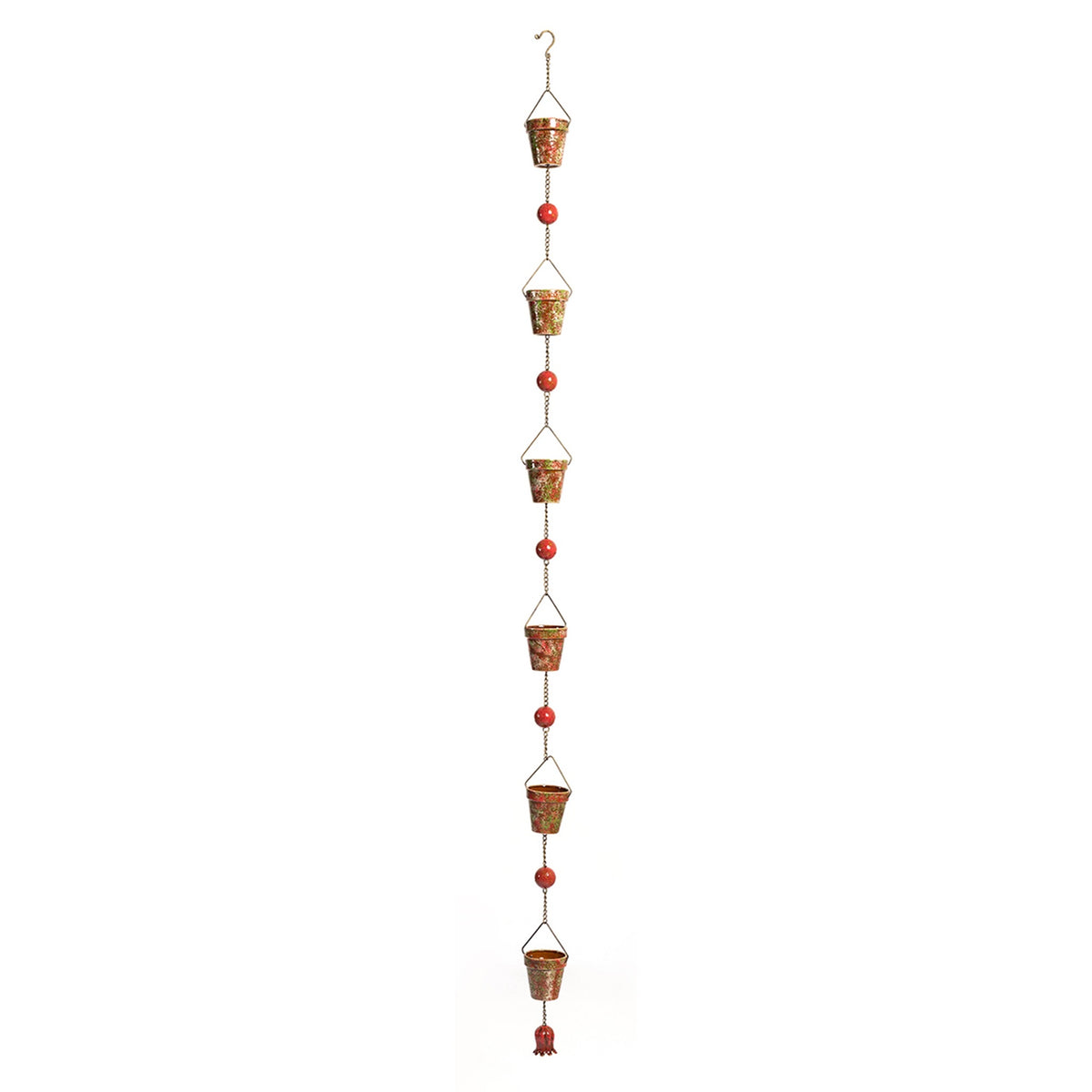 A hanging chain of six colorful bucket cups and red beads against a white background.