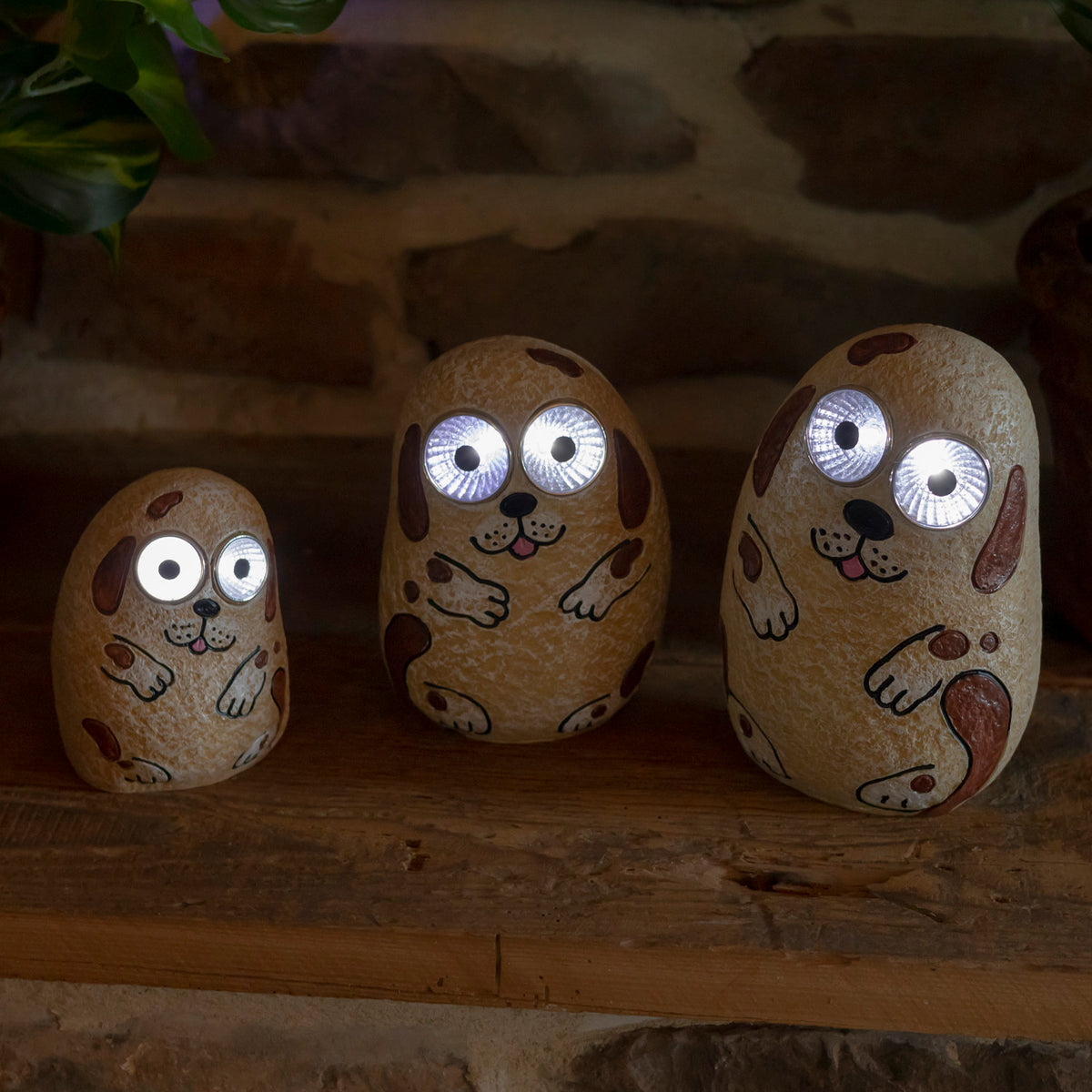 Three tan pebble-shaped dog ornaments sit on a wooden ledge, their round eyes glowing in a dim setting.