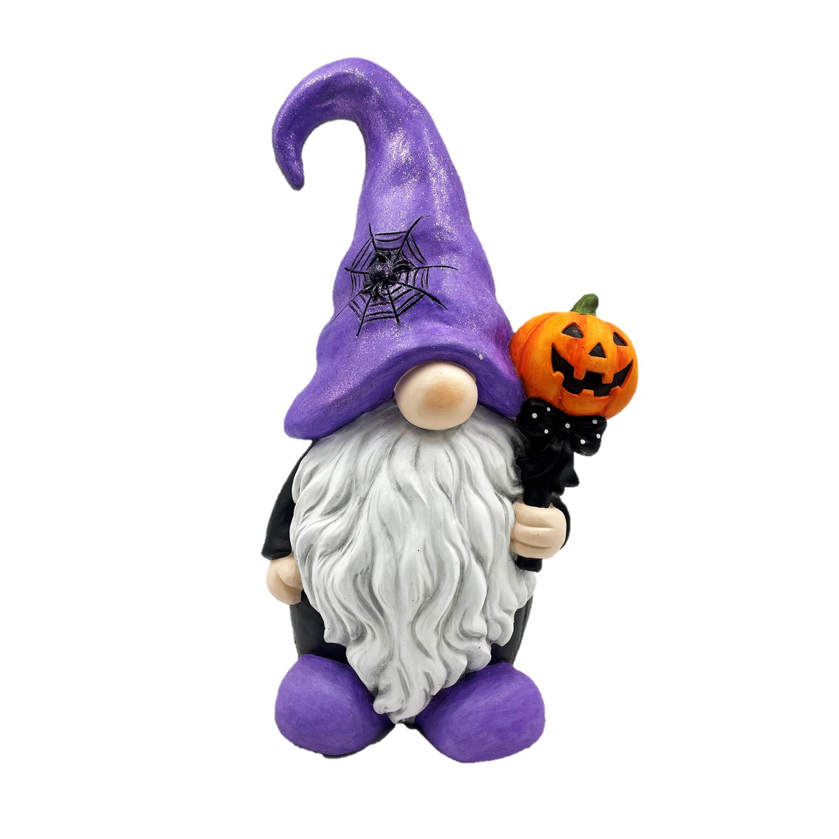 Purple-hatted Halloween gnome holding a pumpkin accessory, shown against a white background