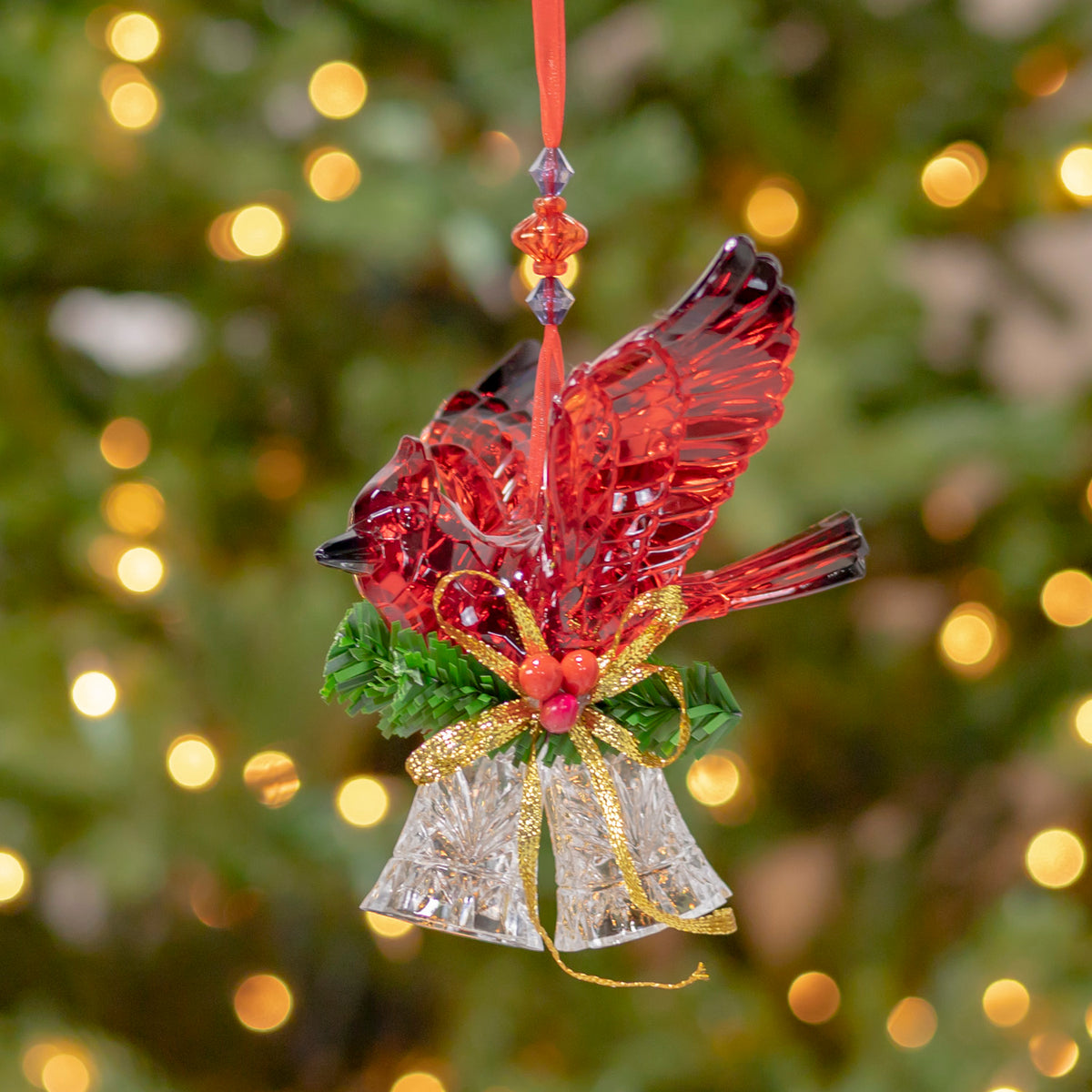 Set of 6 Assorted 6.4" Long Acrylic Cardinal Ornament with Bell & Organza Ribbon
