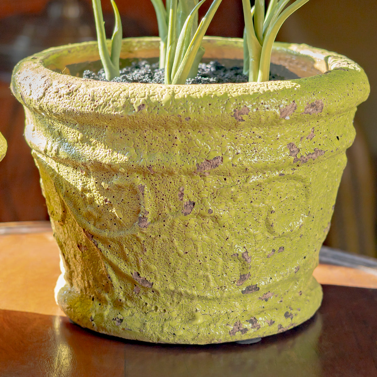 Close view of a green pot with a broad ridged rim, raised decoration and distressed finish.