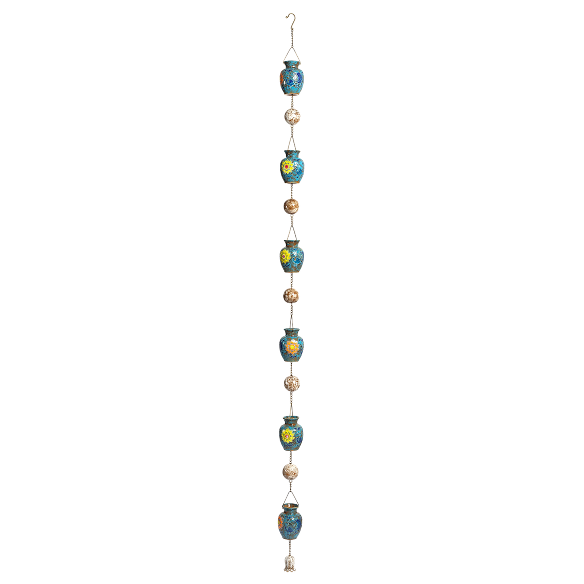 A long rain chain with blue floral vases, gold-toned spheres, and a small hook against a black background.