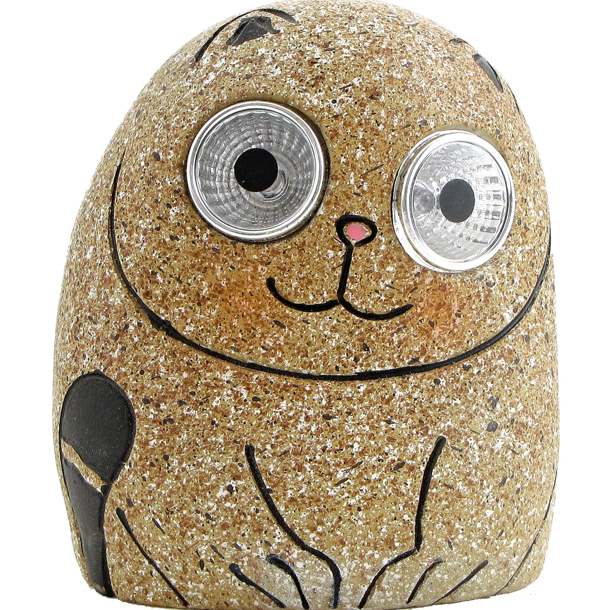 Close-up of a speckled cat ornament with large round eyes, a small nose and painted whiskers.