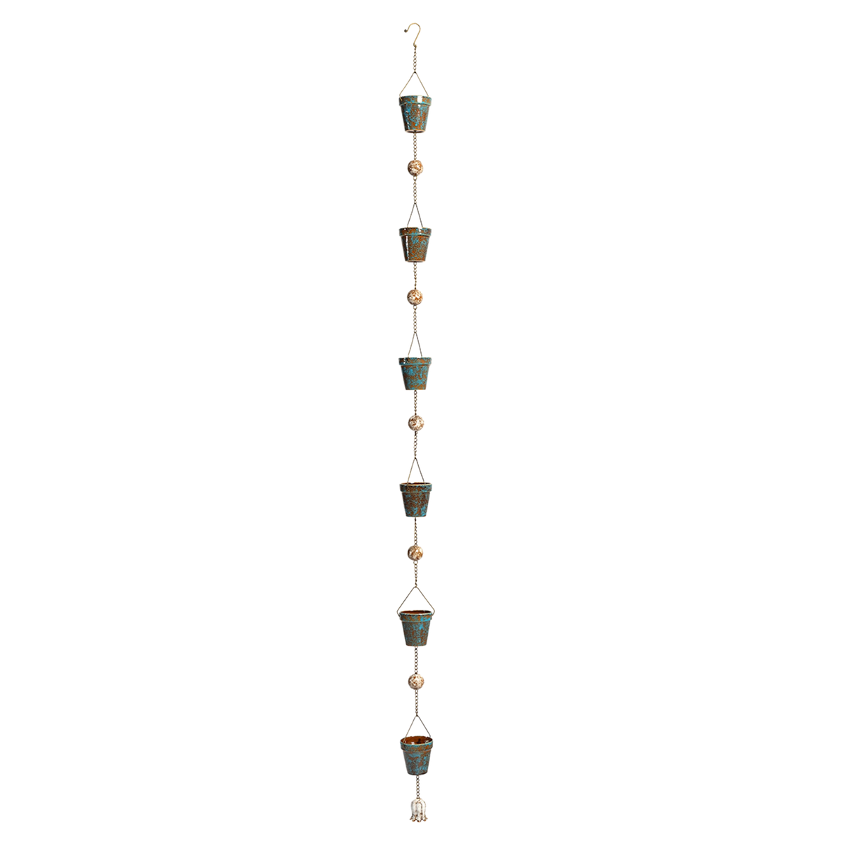 A long hanging chain of turquoise and brown pots alternating with round beads, shown against black.