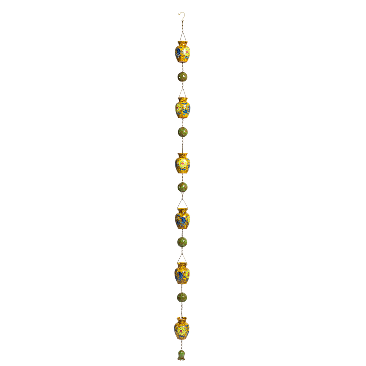A vertical rain chain with alternating colorful porcelain vases and green spheres against a black background.