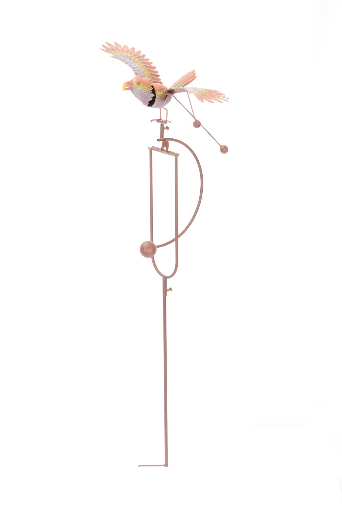 Metal bird with outstretched wings perched on a tall rocking garden stake against a white background.