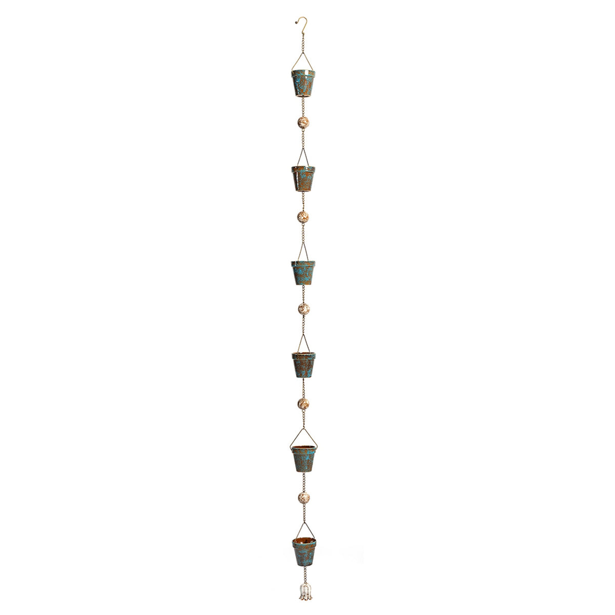 The complete vertical rain chain with six colorful pots and round beads, hanging against a white background.