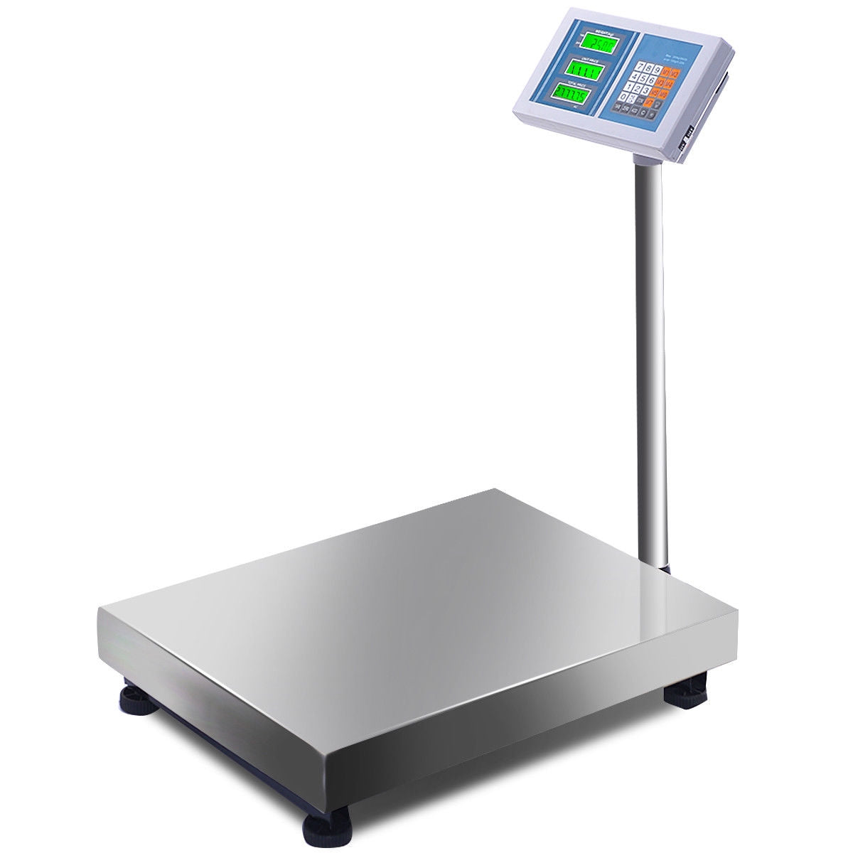 Angled view of a stainless platform scale with a raised digital display on a post.