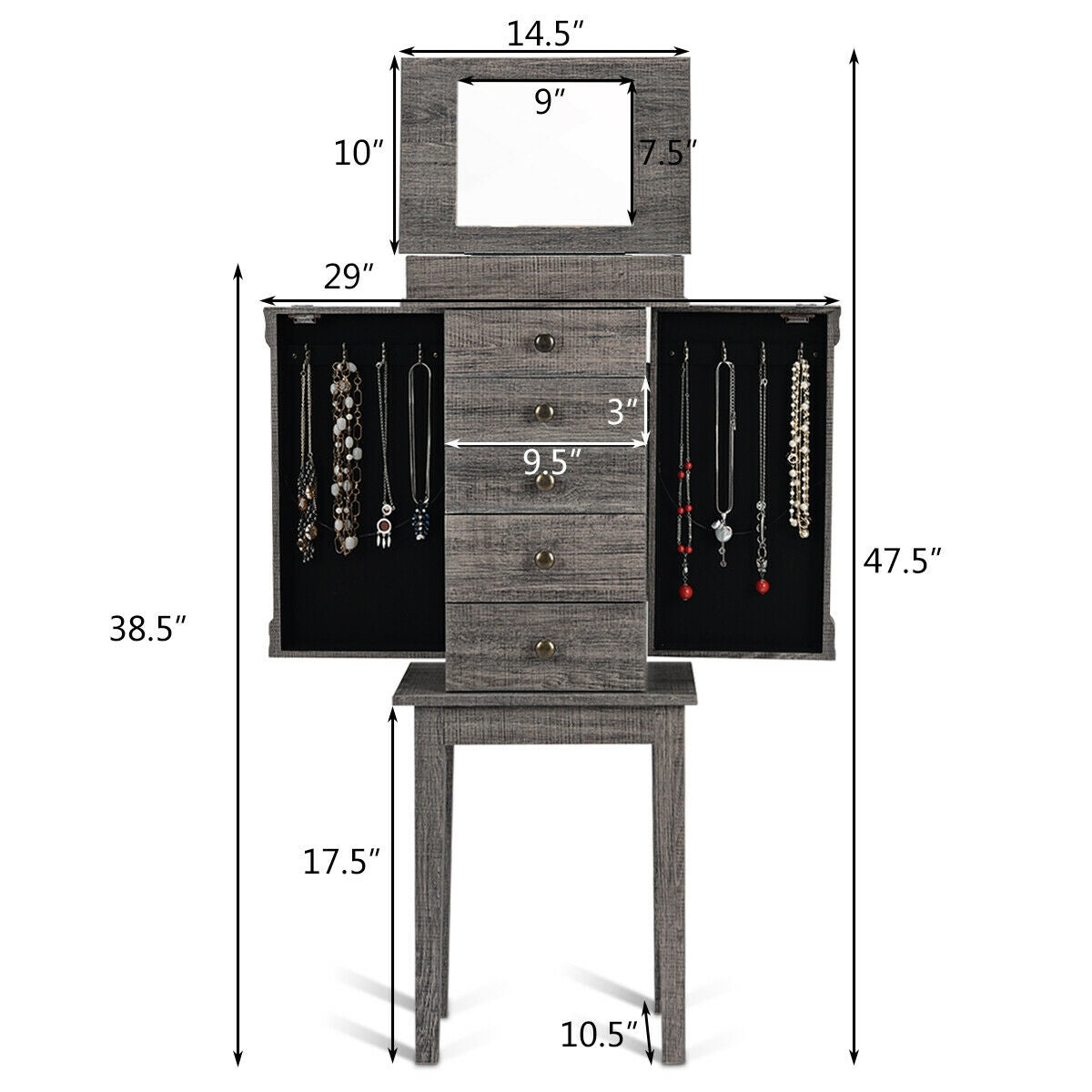 Standing Jewelry Cabinet Storage Organizer with Wooden Legs, Gray