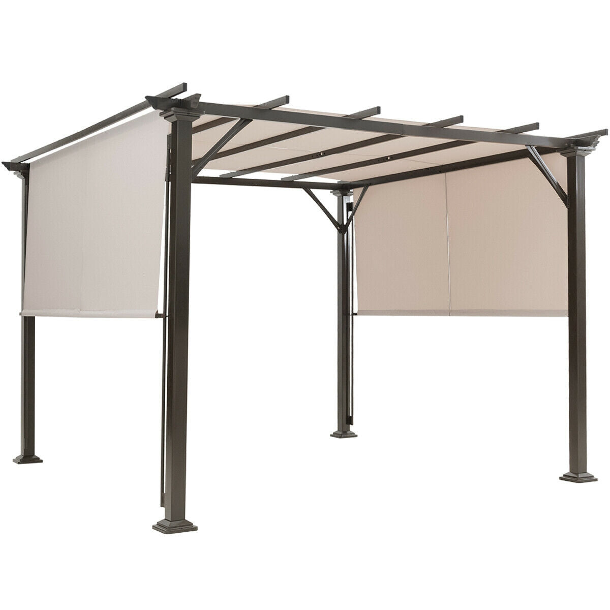 Freestanding dark metal patio shelter with beige side screens, shown against a white background.