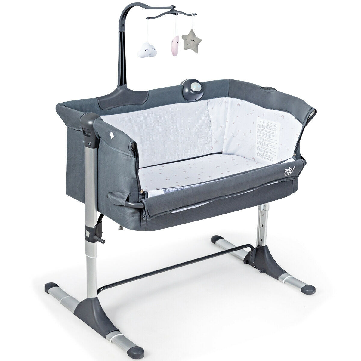 Height Adjustable Baby Side Crib with Music Box & Toys, Dark Gray