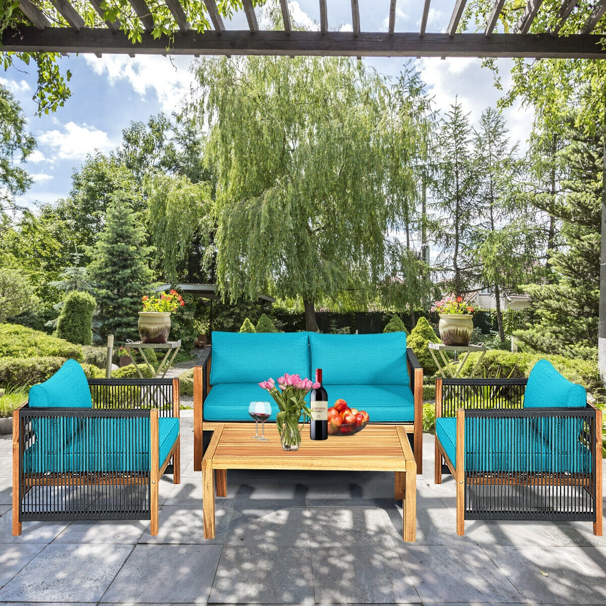 4 Pieces Acacia Wood Outdoor Patio Furniture Set with Cushions