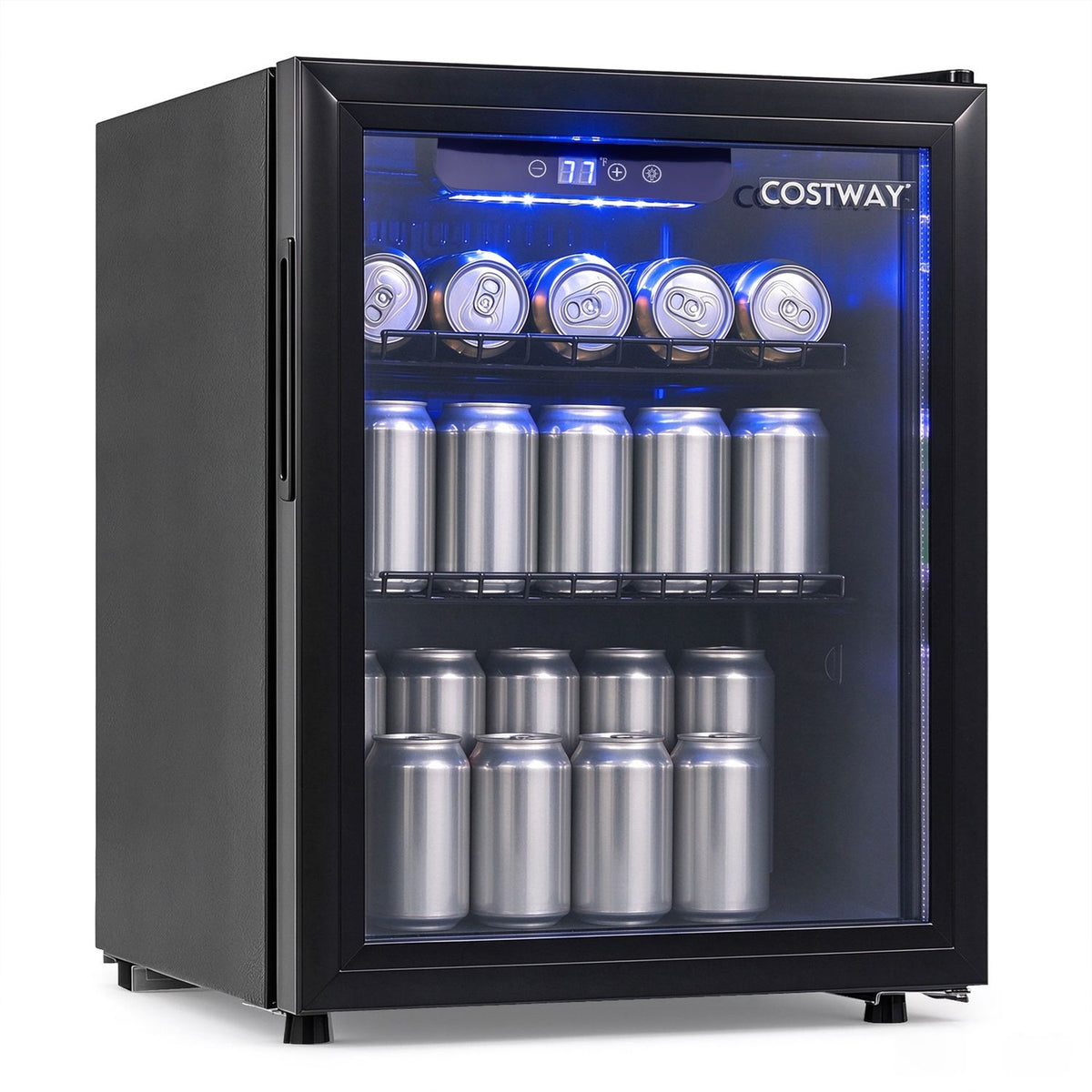 Black glass-door beverage refrigerator stocked with cans on three shelves, with blue interior lighting.