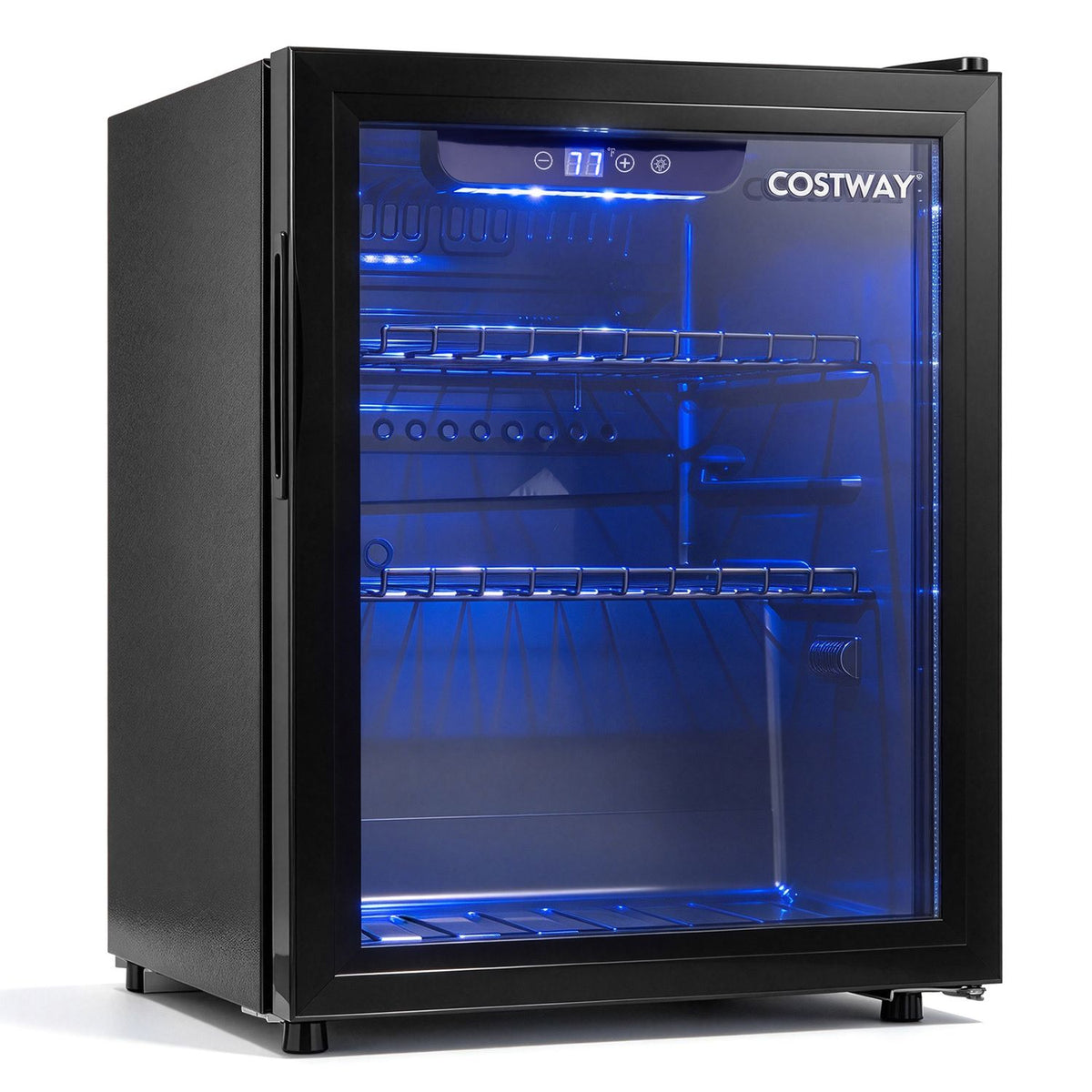 Open, empty beverage refrigerator showing wire shelves and blue interior lighting behind its glass door.