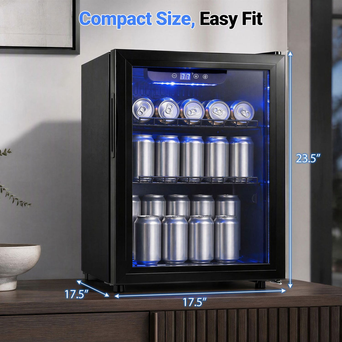 Beverage refrigerator shown on a cabinet with measurement arrows around its width, depth, and height.
