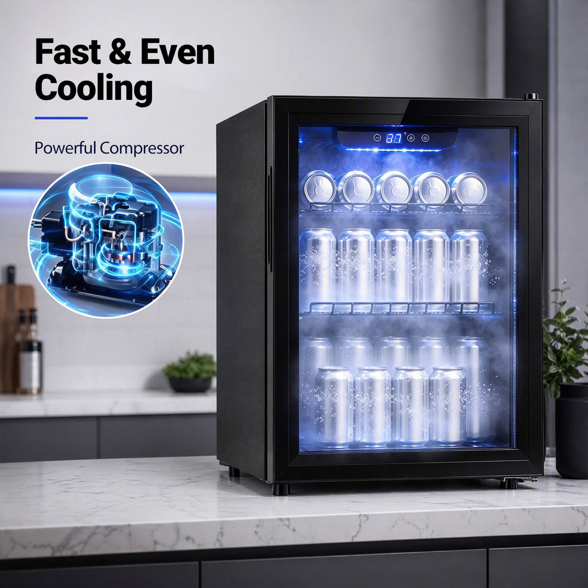 Black glass-door beverage refrigerator glowing blue on a kitchen counter, with cans and bottles visible inside.