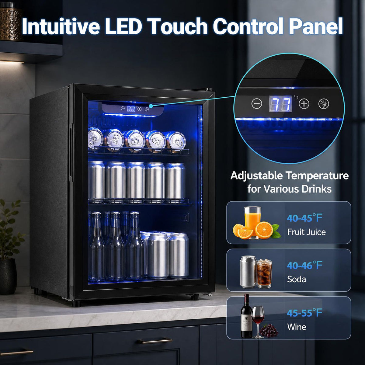 Beverage refrigerator with blue-lit interior and a circular close-up of its touch controls.