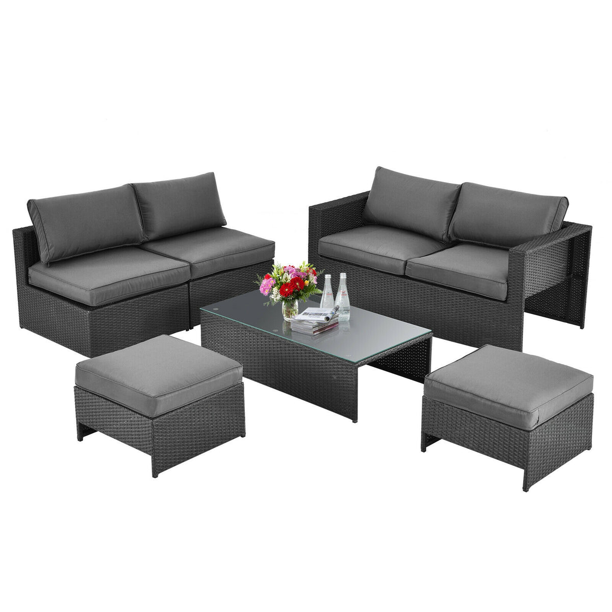 6 Pieces Patio Rattan Furniture Set with Glass Table and Cushioned Seat, Gray