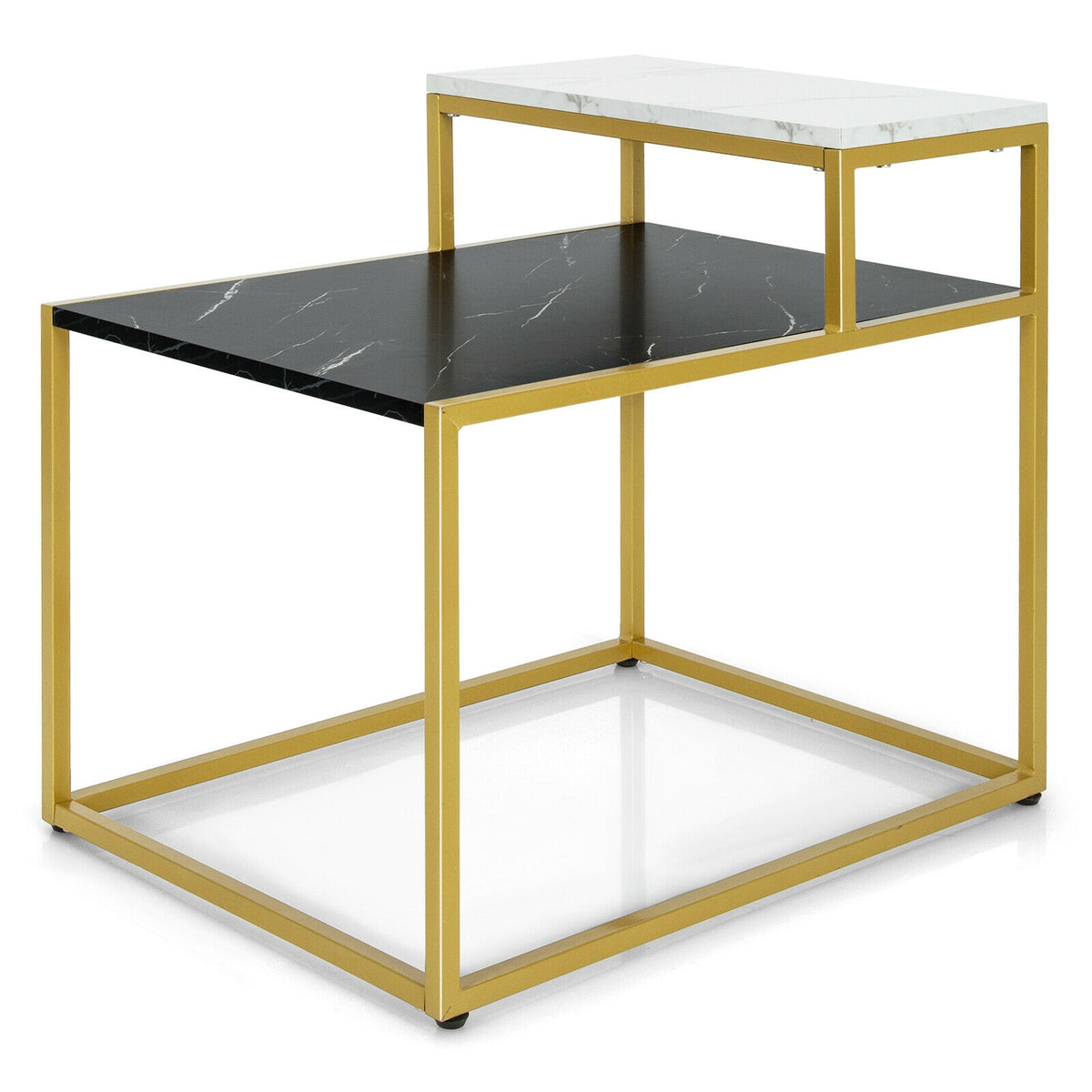 2 Tier End Side Table with Metal Frame and Storage Shelf for Living Room, White