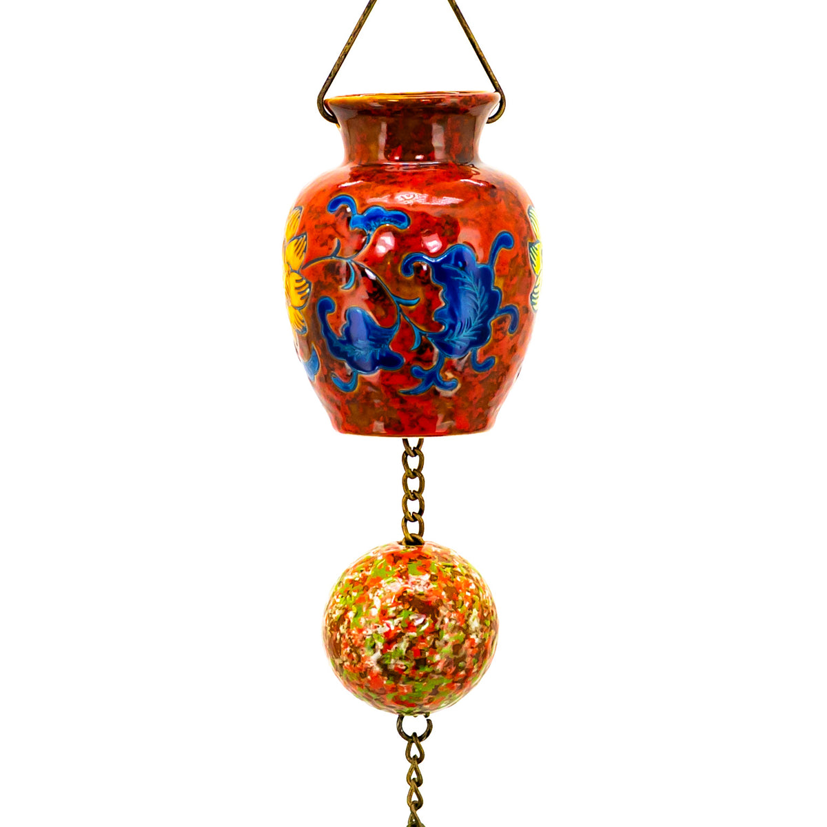 Close view of a hand-painted red-orange vase and speckled round bead linked by a short metal chain.