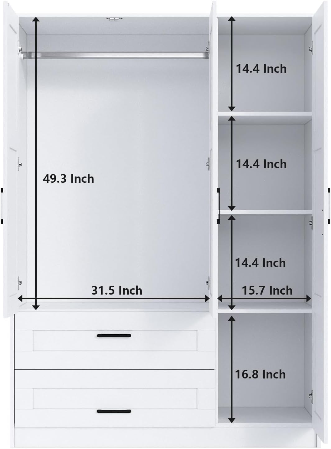 Open wardrobe interior showing hanging rod and partition shelving with measurement overlays, frontal view