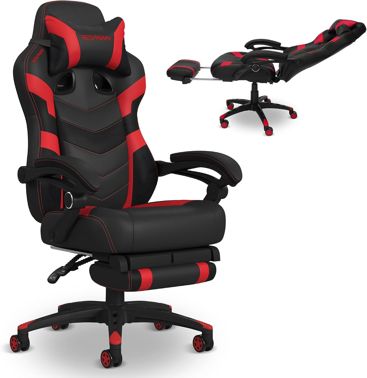 Angled red-and-black chair showing contoured high back, padded armrests and visible retractable footrest.