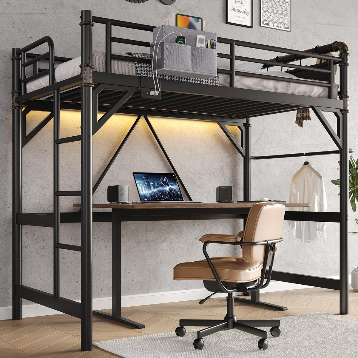 Black metal loft bed with wooden desk surface, ladder, and warm under-bed LED lighting