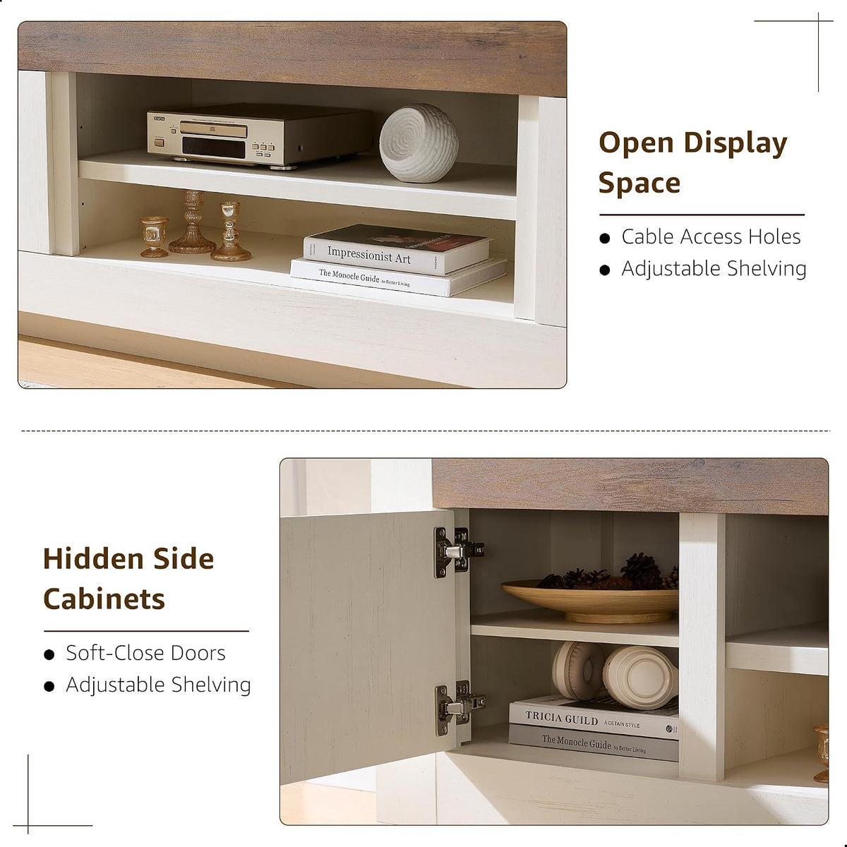 Close-up of open center shelving and a side cabinet on the TV stand