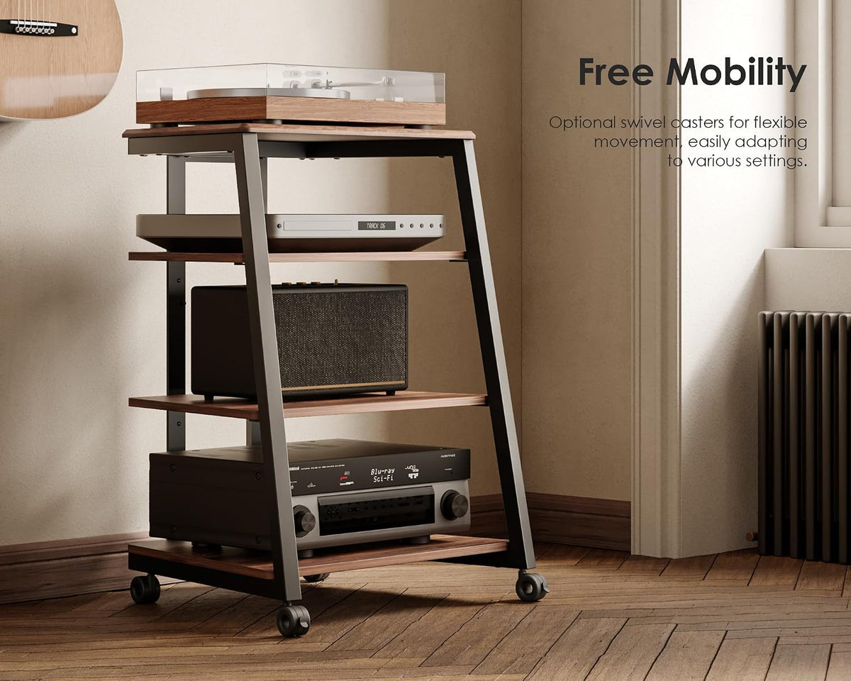 Walnut-finish media stand on swivel casters shown in a warm room corner