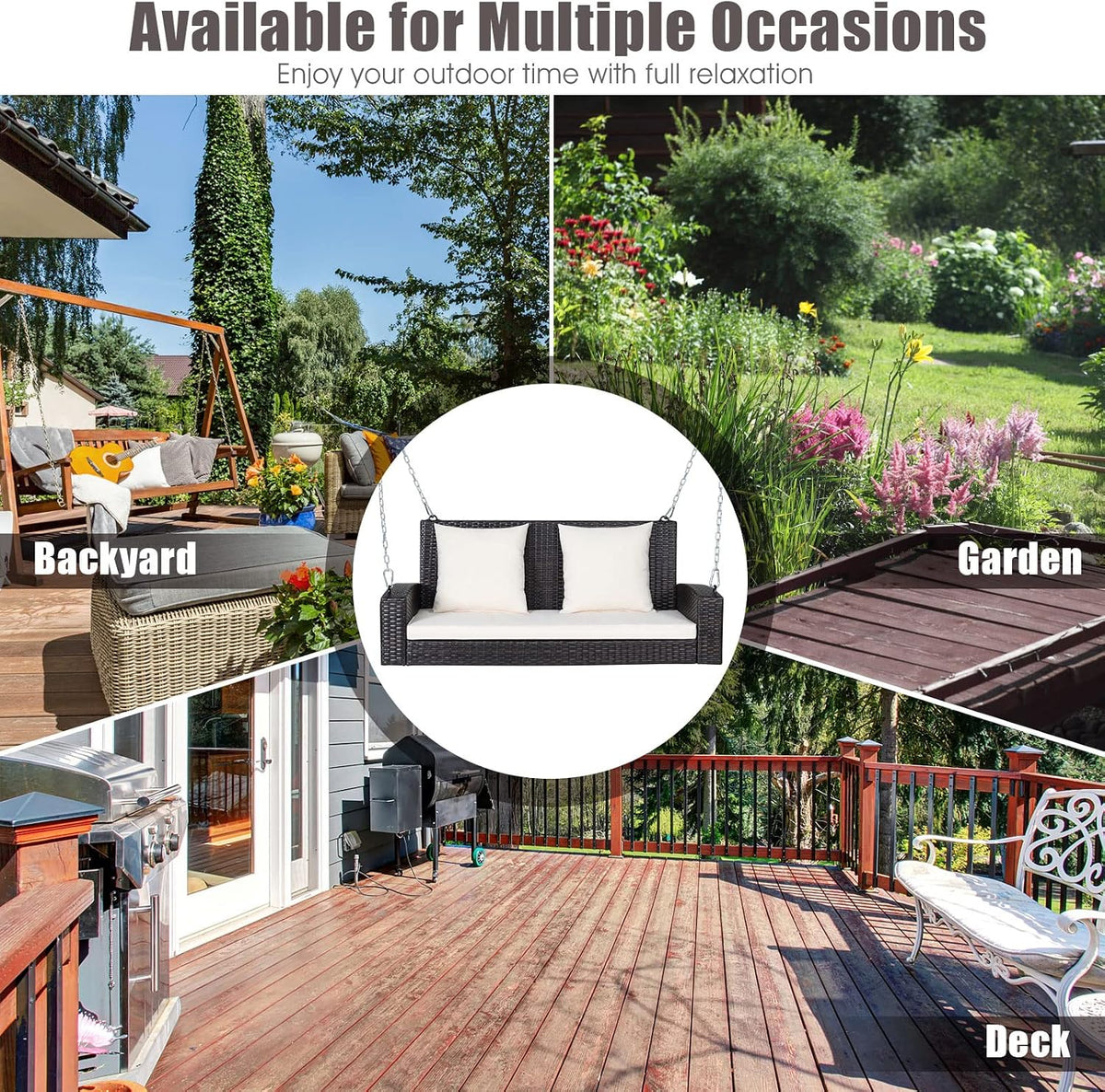 Collage of outdoor settings (backyard, garden, deck) with a small centered image of the dark rattan two-seat hanging swing.