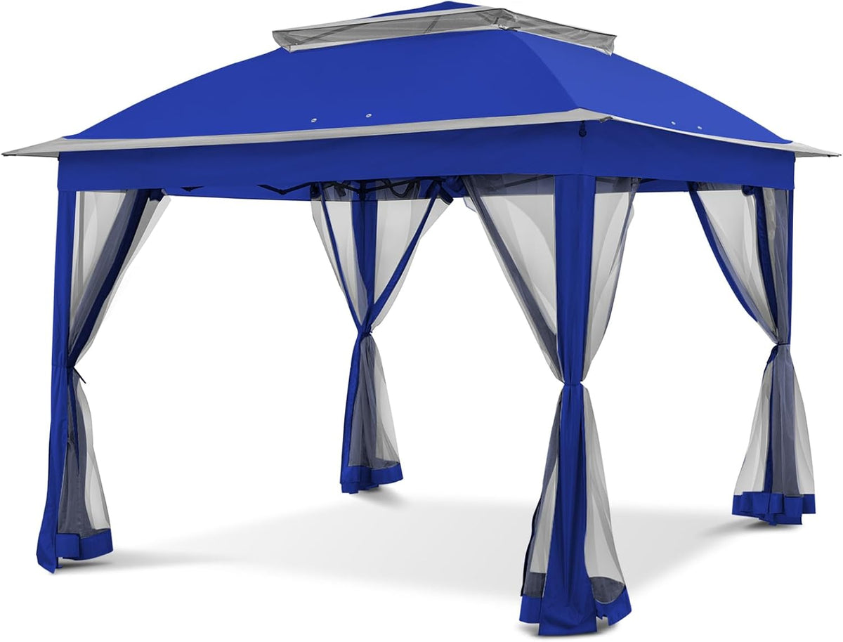 Blue pop-up gazebo shown empty with mesh curtains tied to each leg on white background.