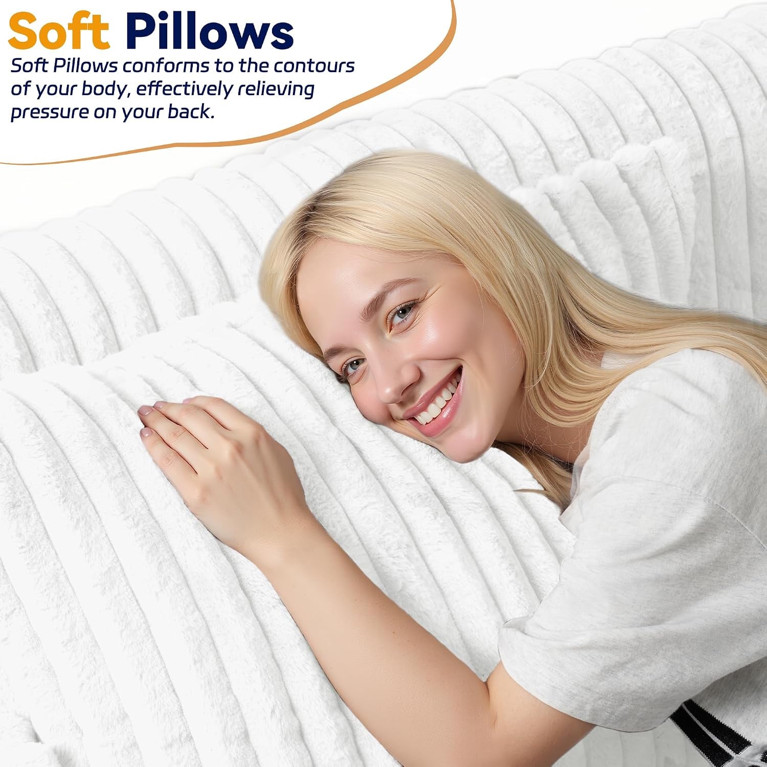 Woman smiling while resting on ribbed white plush sofa pillows, close-up of fabric texture.