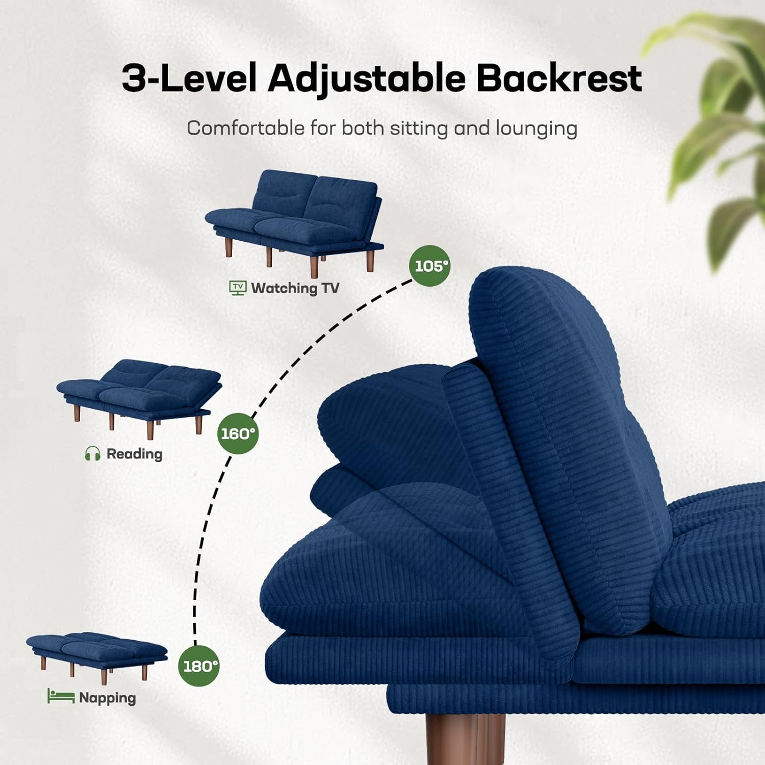 66.02" Futon Sofa Bed, Convertible Corduroy Futon Couch with Adjustable Backrest & Armrests, Small Sleeper Sofa Loveseat for Living Room, Apartment, Blue