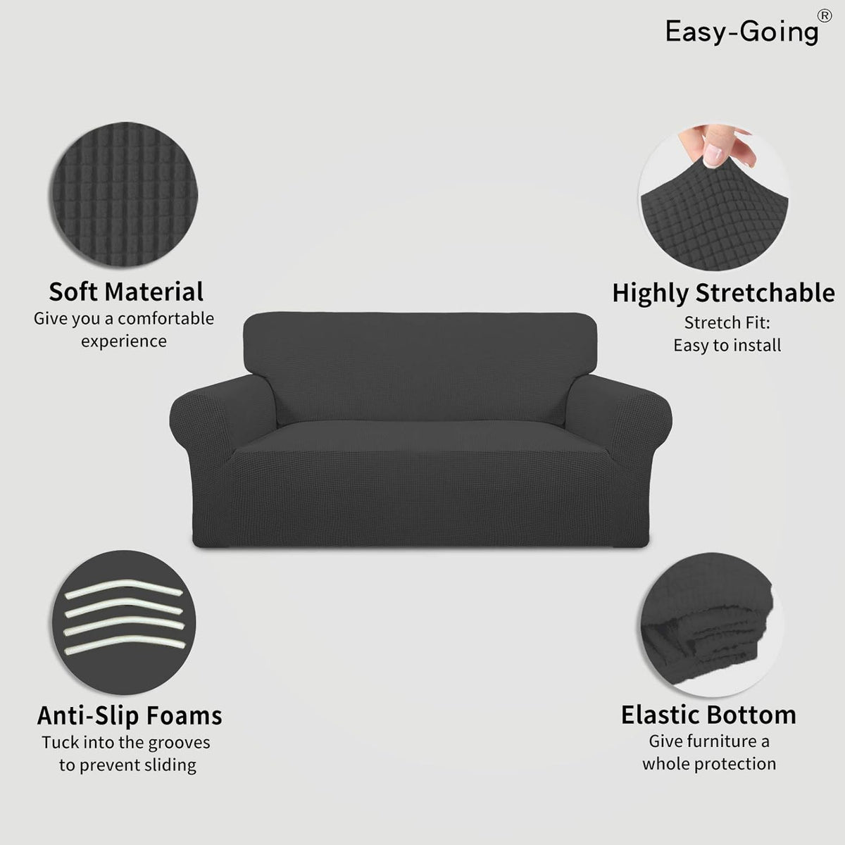 Informational layout showing dark gray slipcover with icons for soft material, anti-slip foams, and elastic bottom