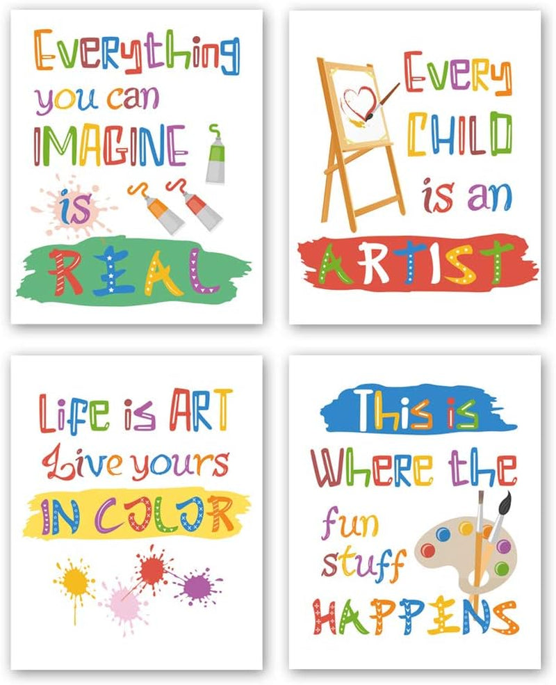 Four bright, playful children’s art prints with paintbrush, palette and colorful typographic designs.