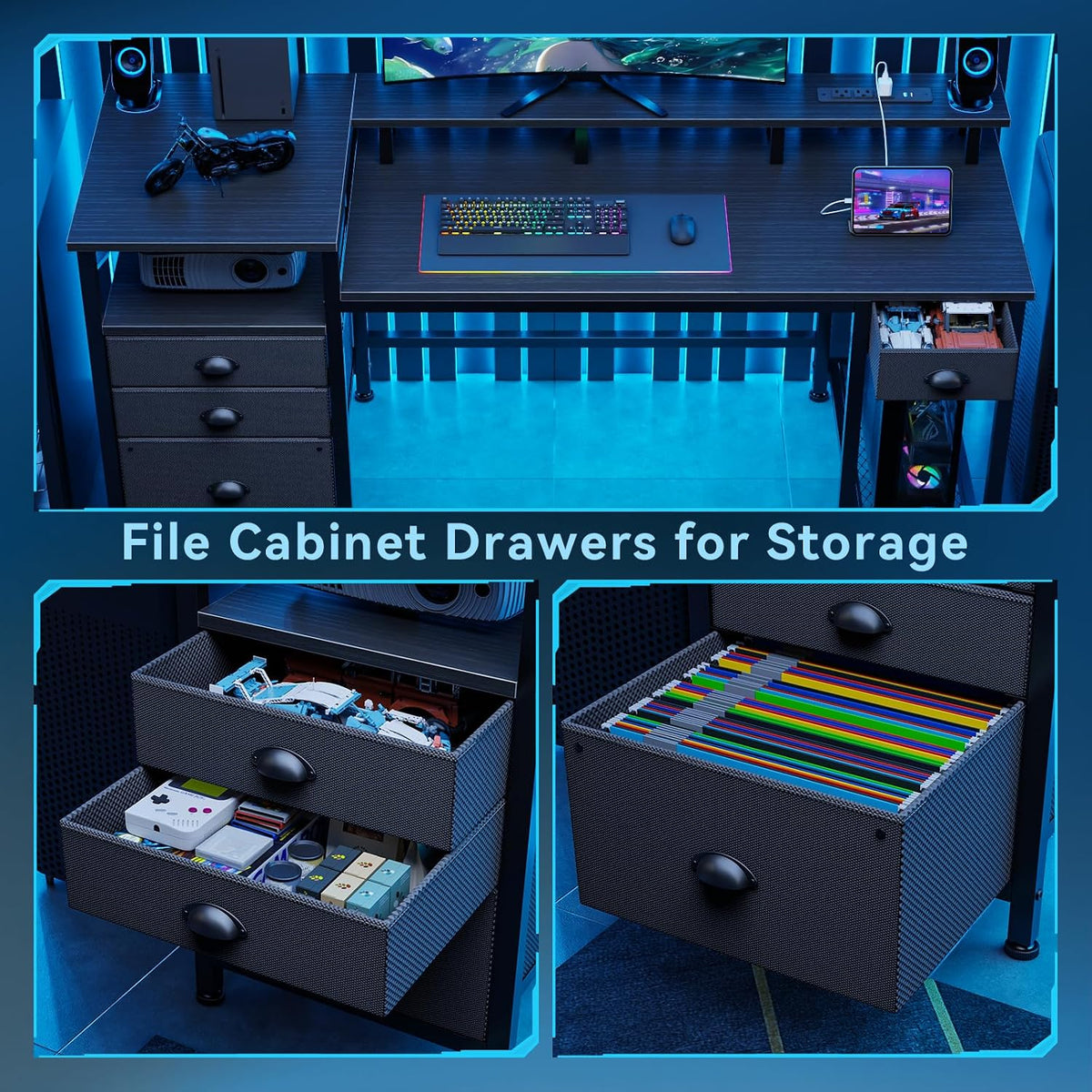 Three close-up panels showing fabric drawer interiors: toys, small gadgets and hanging file folders