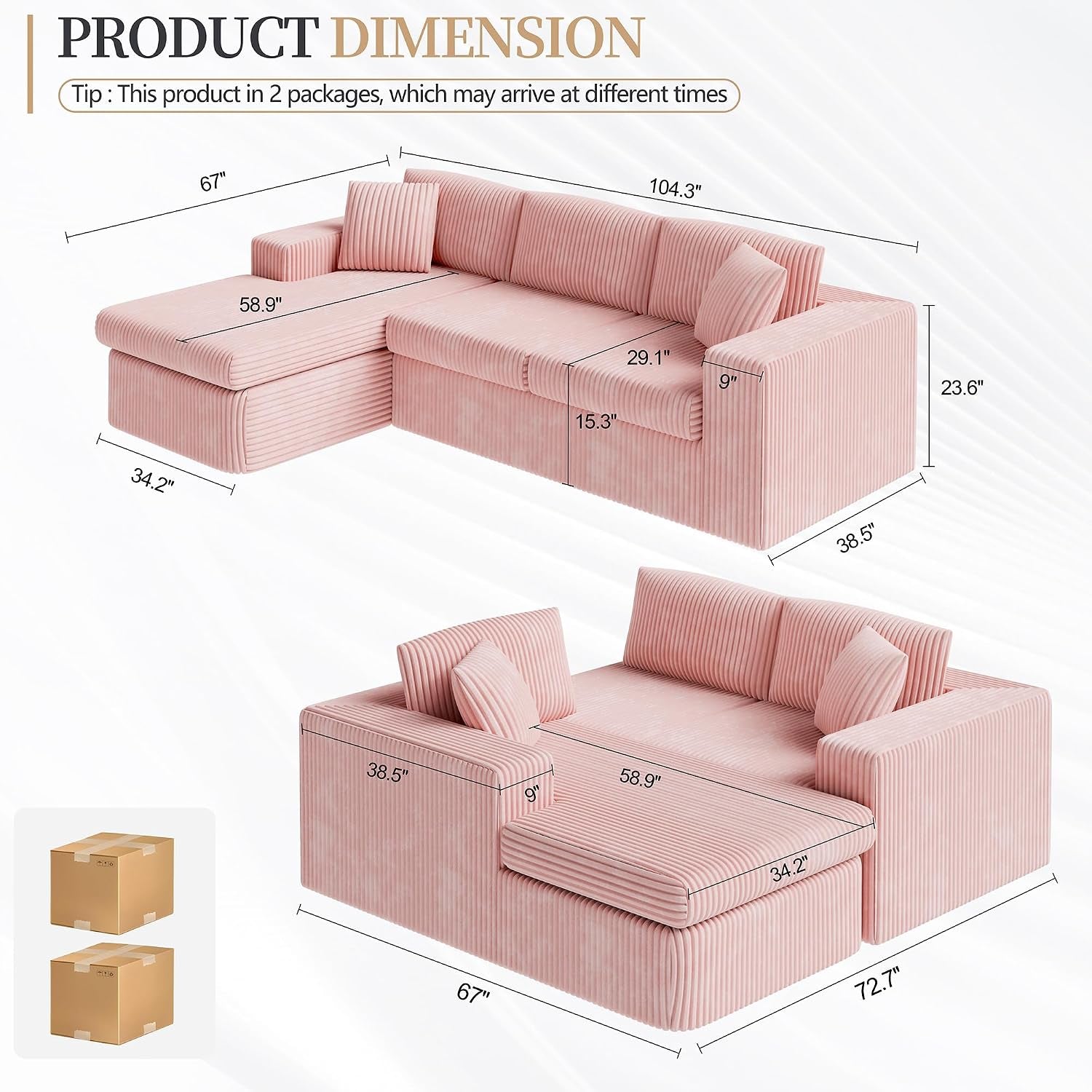 105" Boneless Couches for Living Room, Sectional Couches Modular Sofa with L-Shaped Chaise, Memory Foam Comfy Cloud Couch with Plush Corduroy Fabric, No Assembly Required, Pink