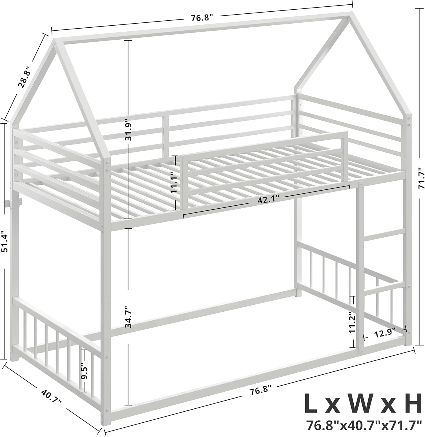 Line drawing of the white house-style bunk bed with dimension lines indicating overall length, width and height.