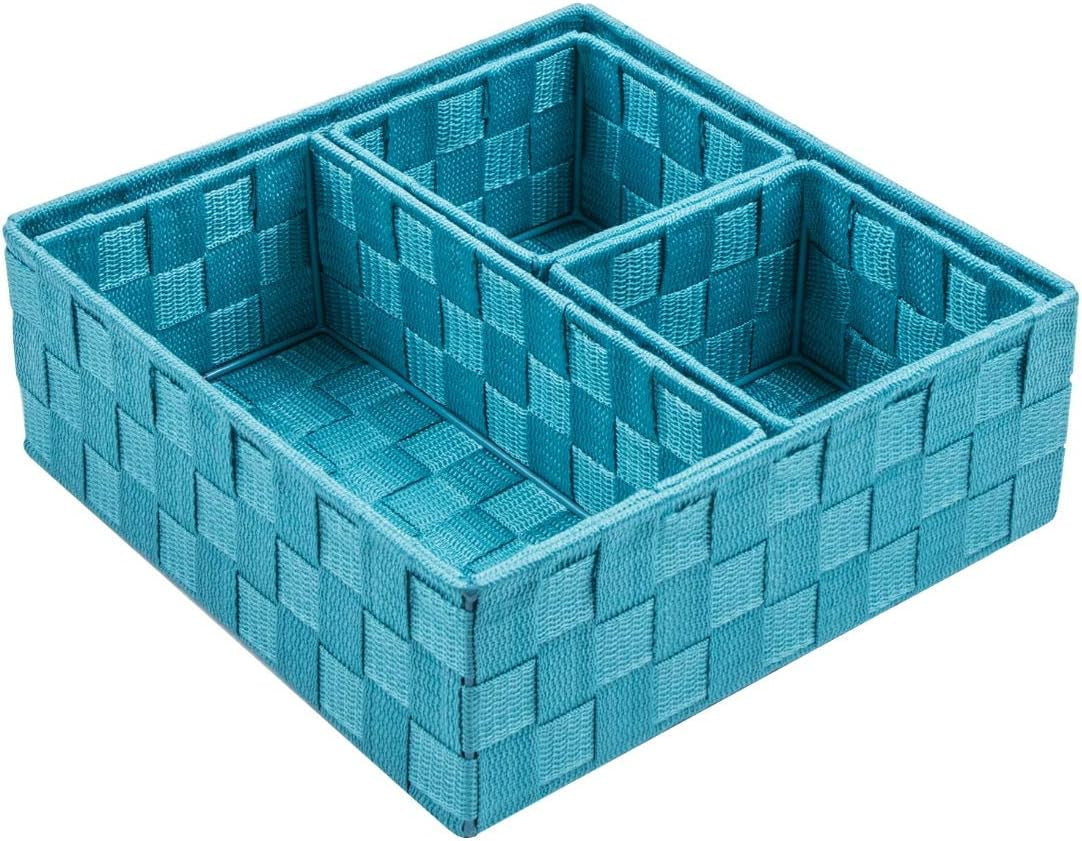 Top-down angled view of a single rectangular woven organizer with internal divider, shown in bright teal.