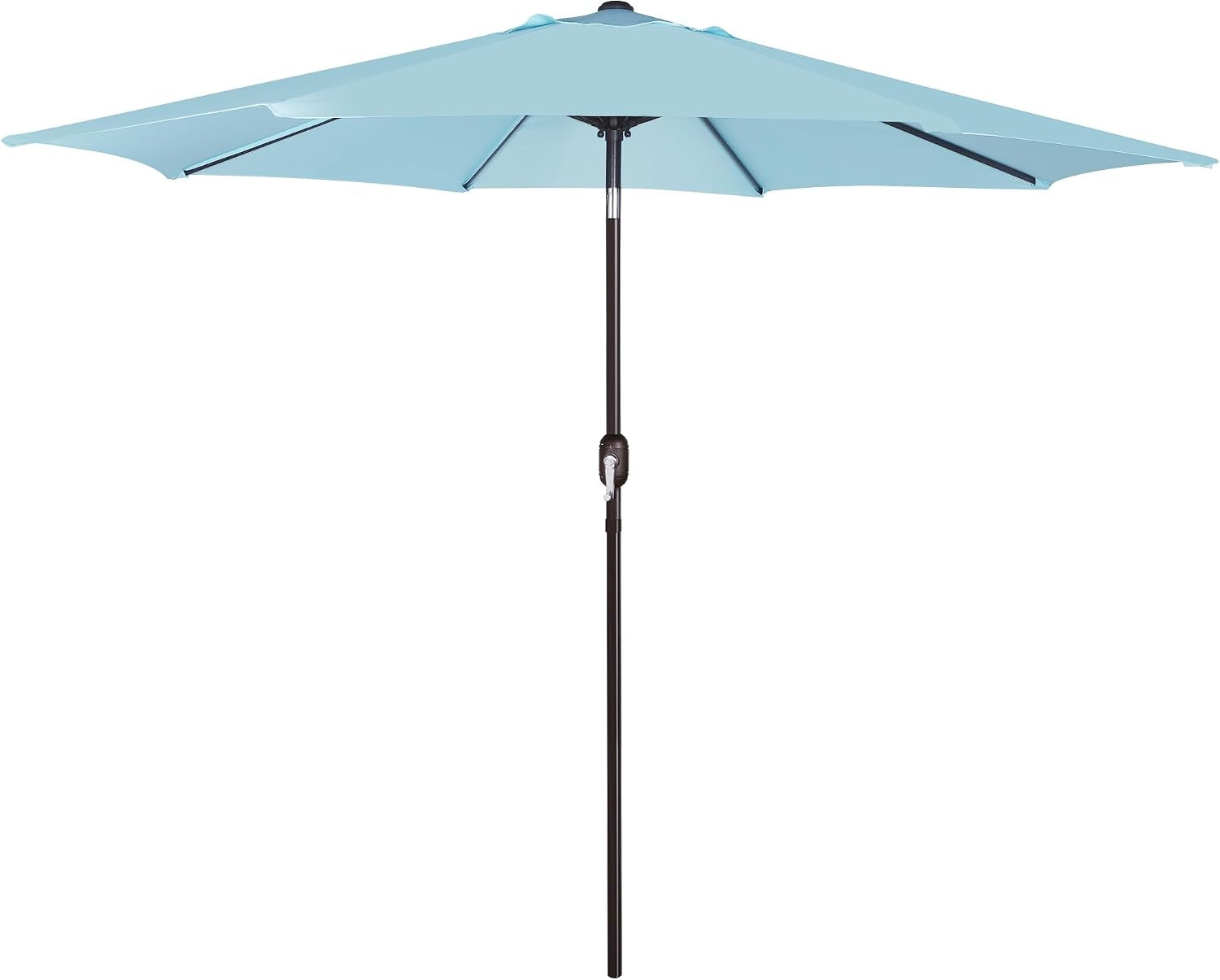 Front view of a light blue patio umbrella open, showing ribs and a dark brown pole with crank handle.