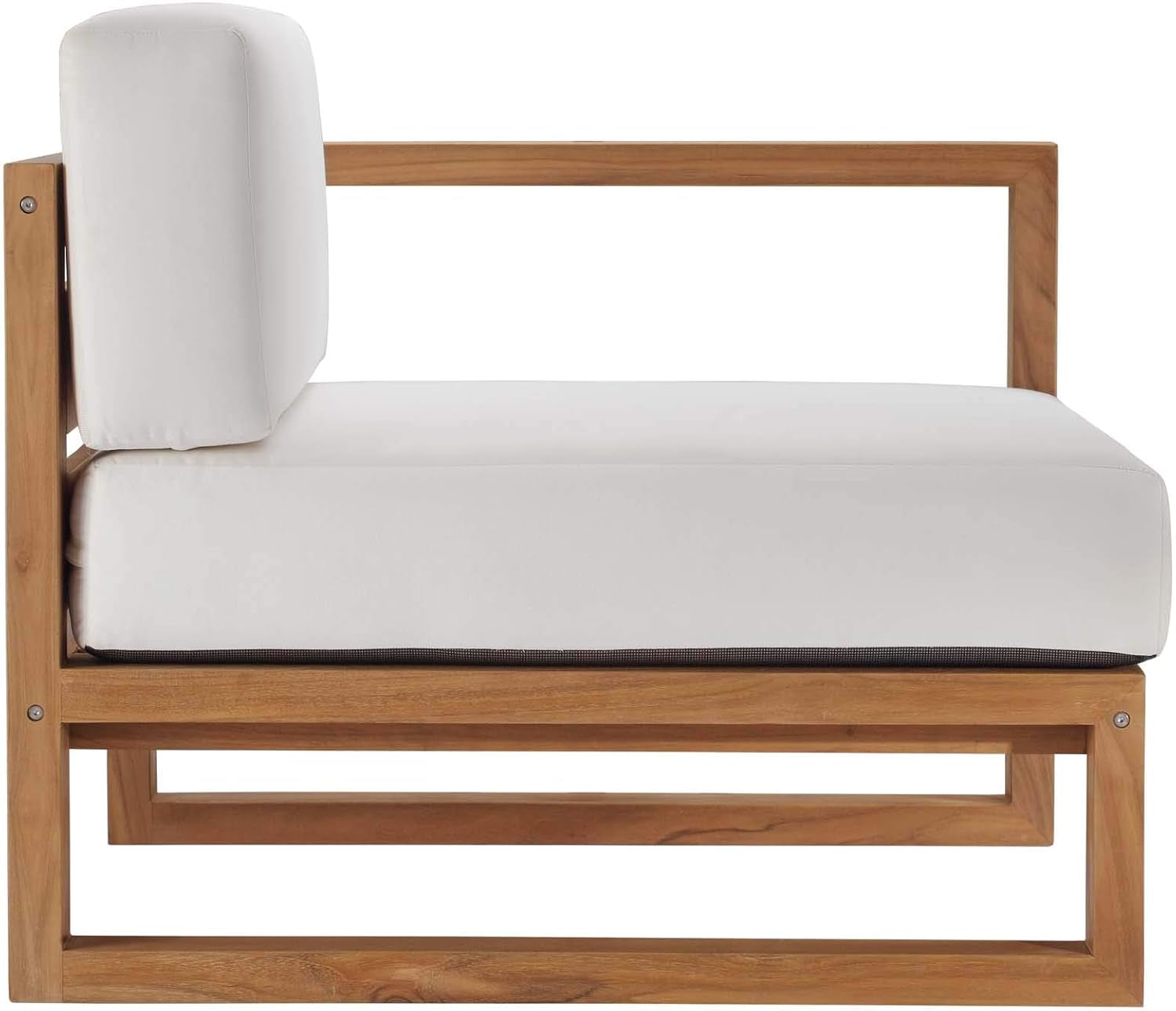 Side profile of teak sectional arm with white cushion, close view of frame detail