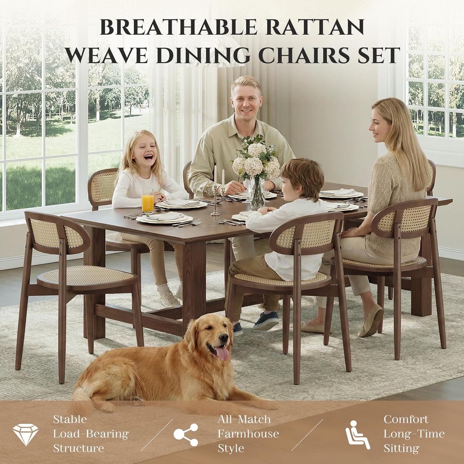 Feature graphic highlighting ergonomic curved back, breathable woven rattan seat, and anti-slip floor pads