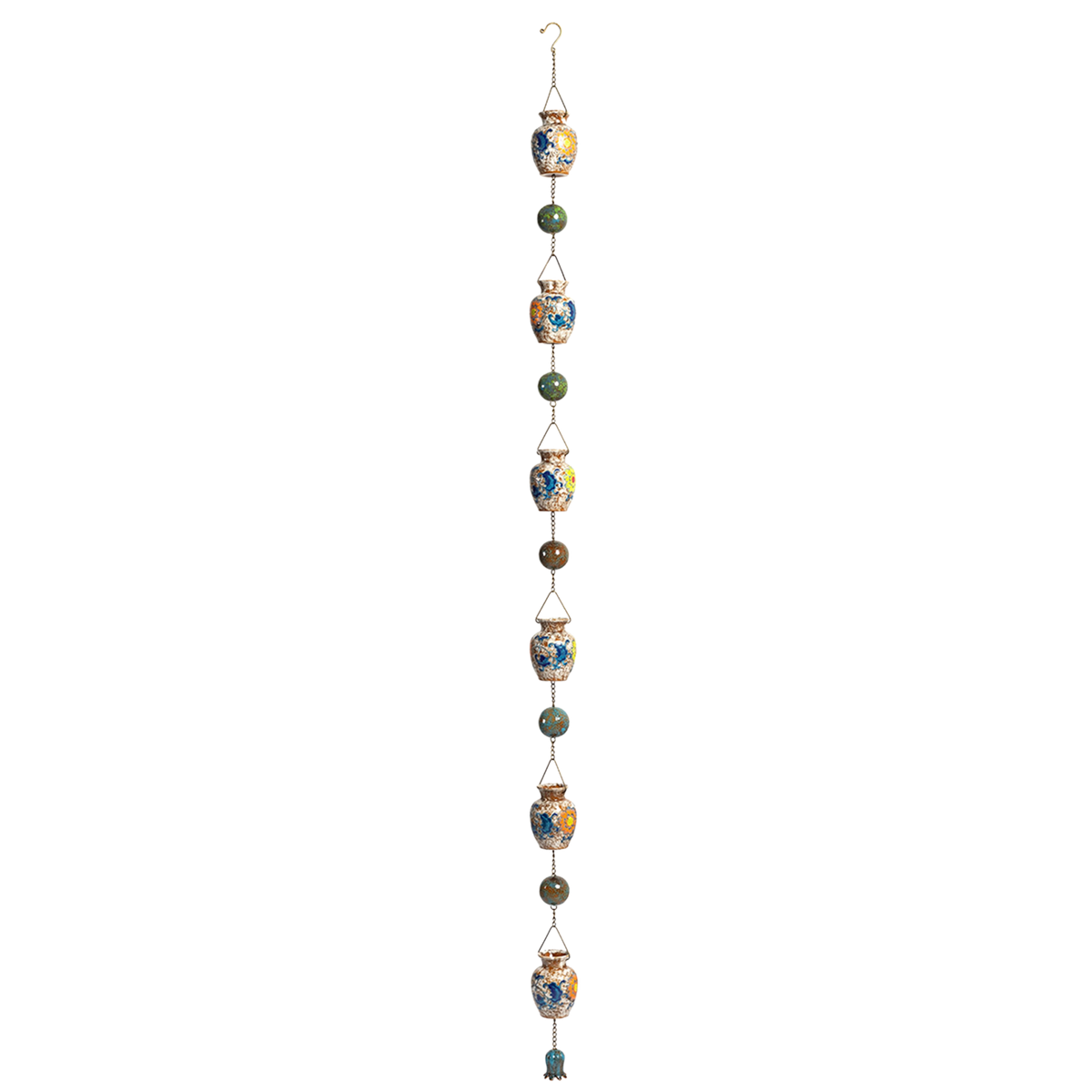 A multicolored rain chain hangs vertically against a black background, with painted vase-shaped links and round beads.