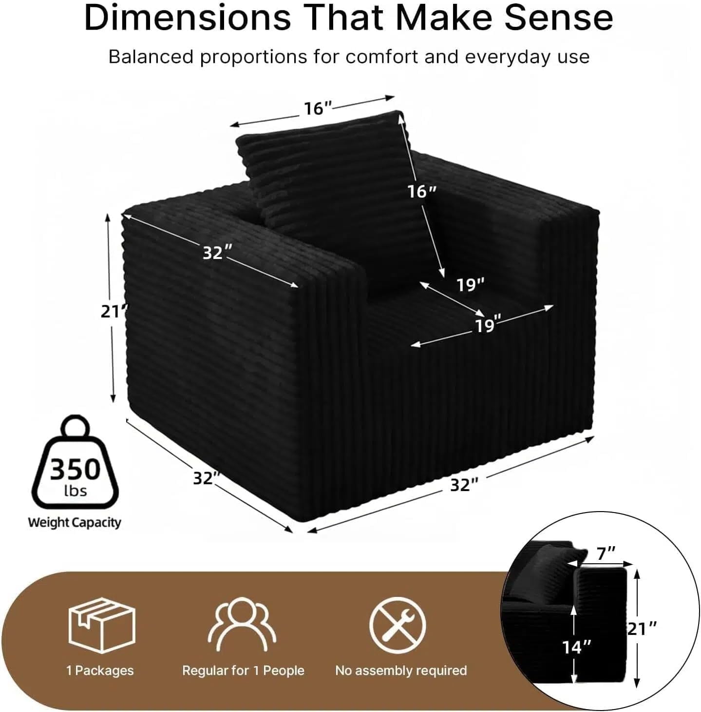 Graphic diagram of the black corduroy floor chair showing dimensional arrows and a 350 lb weight capacity icon