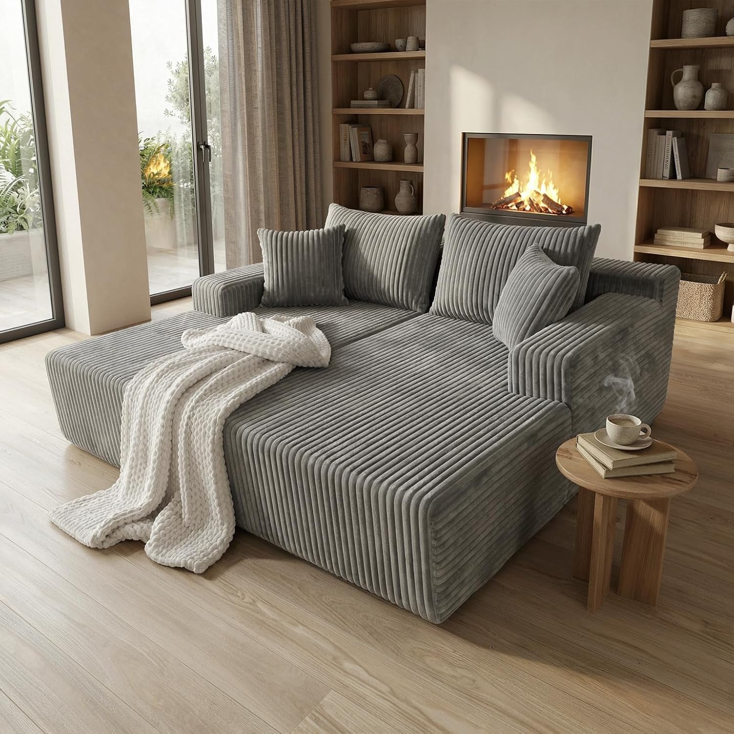 Front-top view of a light gray ribbed chaise lounge laid flat as a bed with a chunky white knit blanket draped over it.